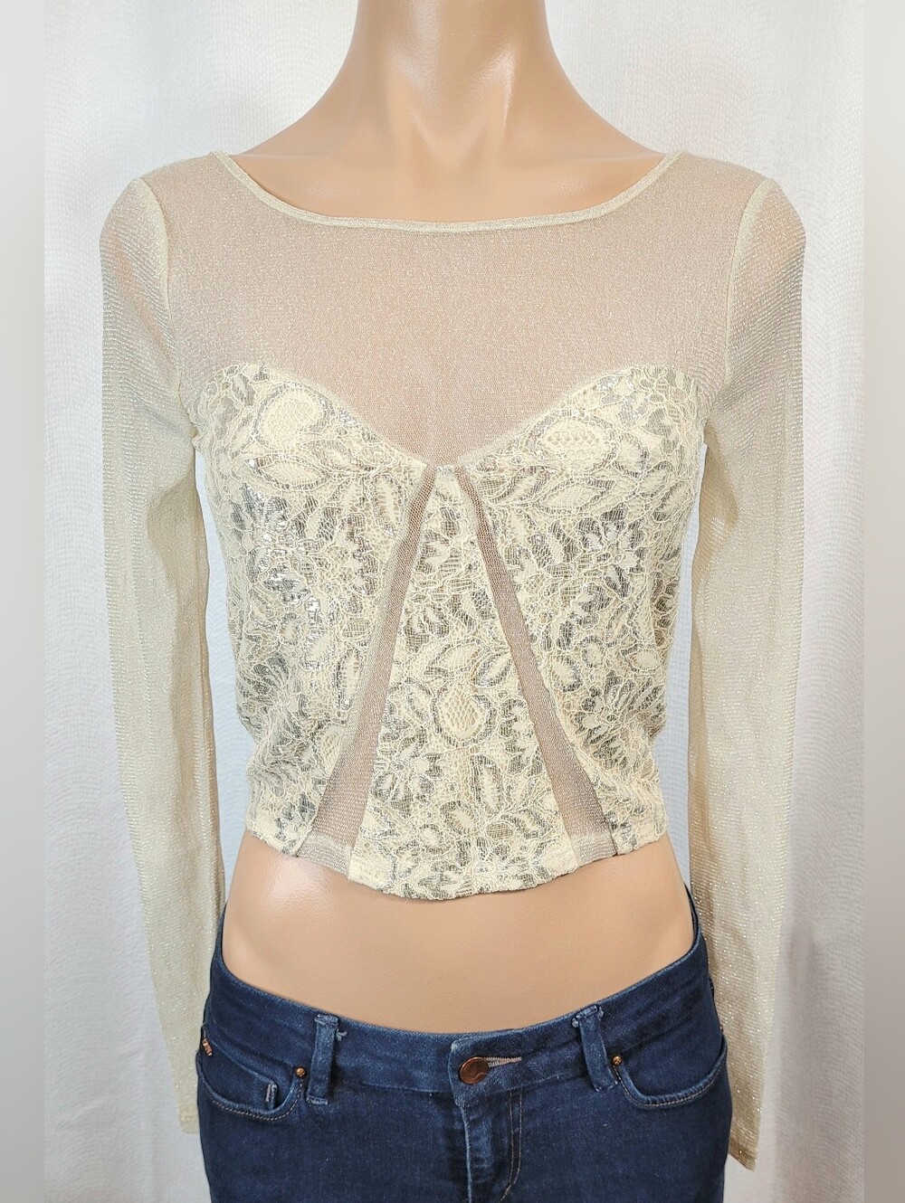 Kimchi Blue Y2k Tan Metallic Sheer Crop Top Long Sleeve Stretchy Shirt Sz S